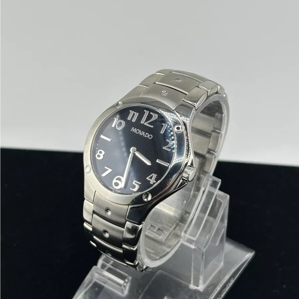 Movado Men's Silver Watch with Black Dial